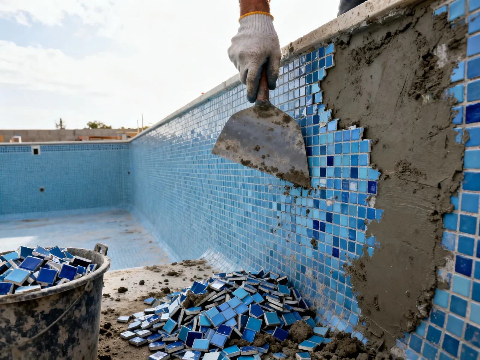 Retirada del gresite suelto de la pared de una piscina con una espátula